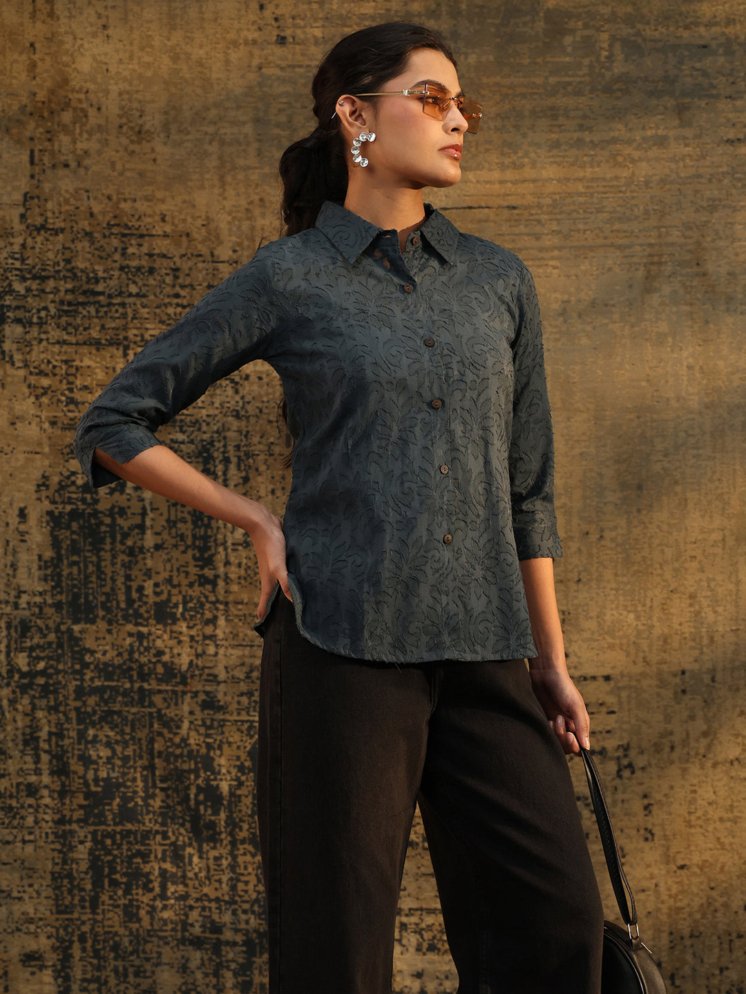 Libas Dark Grey Floral Textured Cotton Shirt 