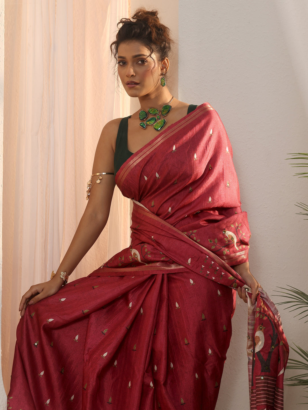 Libas Dark Pink Bird Woven Design Pallu Silk Blend Saree 