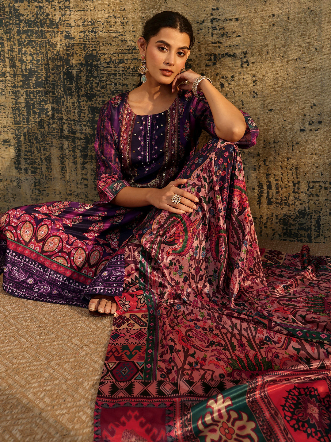  Libas Dark Purple Floral Embroidered  Chinon Straight Suit Set 
