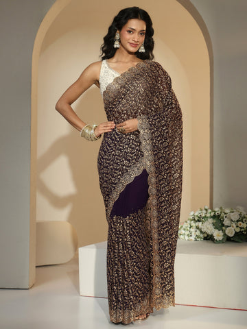 Libas Dark Purple Floral Embroidered Georgette Saree