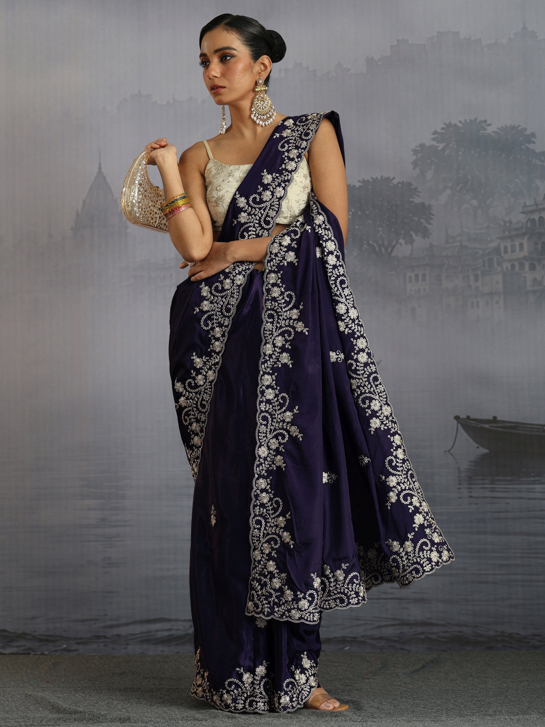  Libas Dark Purple Floral Embroidered Satin Saree with Scalloped Border 