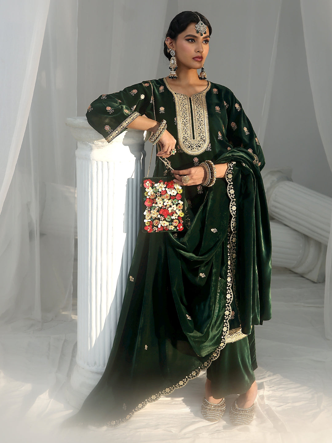  Libas Dark Teal Green Floral Embroidered Velvet Straight Suit Set 