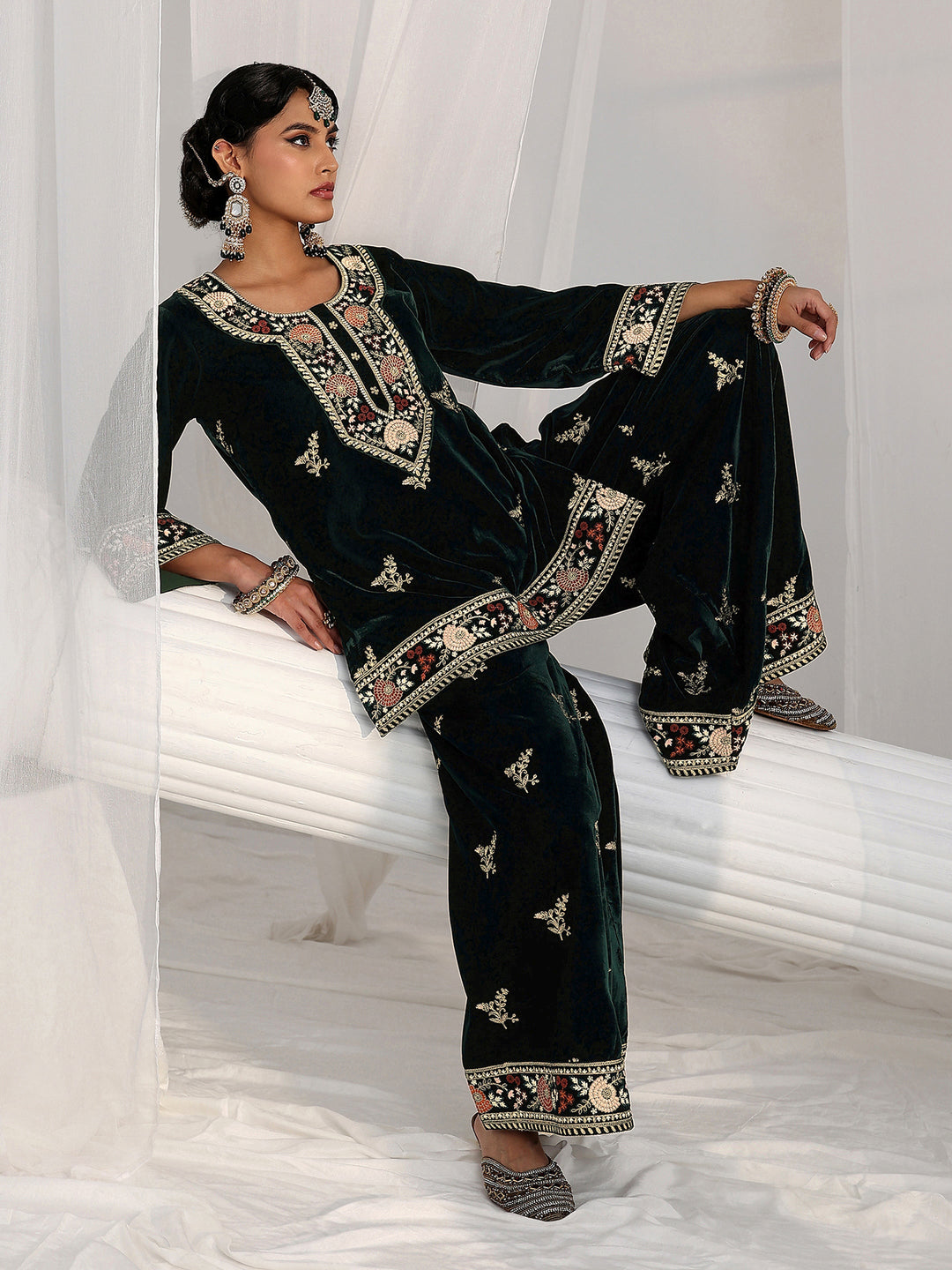  Libas Dark Teal Green Yoke Embroidered Design Velvet Co-Ord Set 