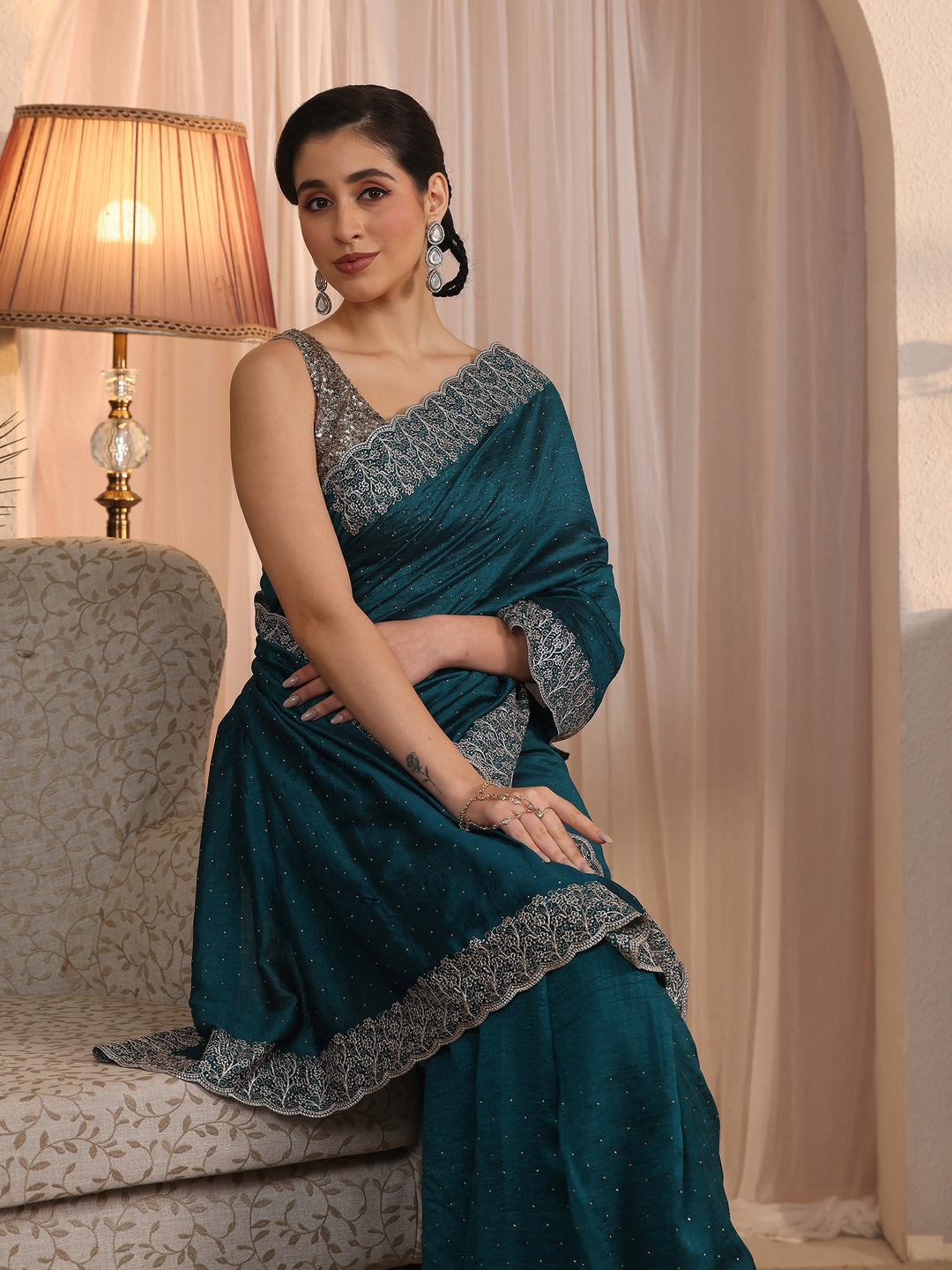  Libas Deep Teal Blue Stone Work Embellished Silk Blend Saree 