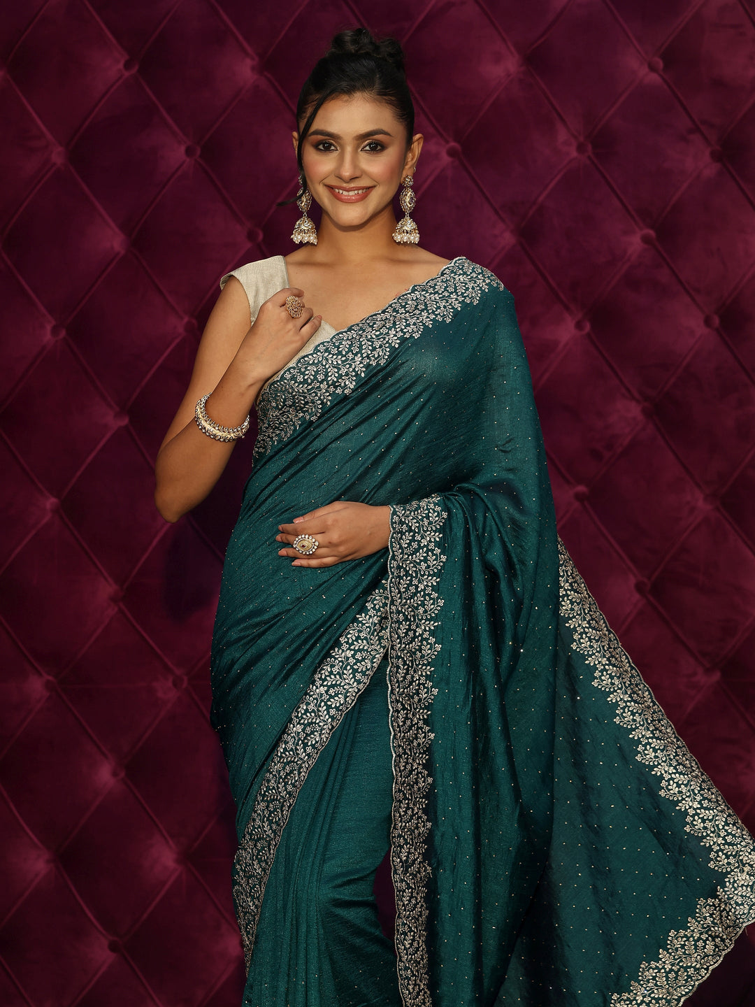  Libas Deep Teal Green Stone Work Embellished Silk Blend Saree 