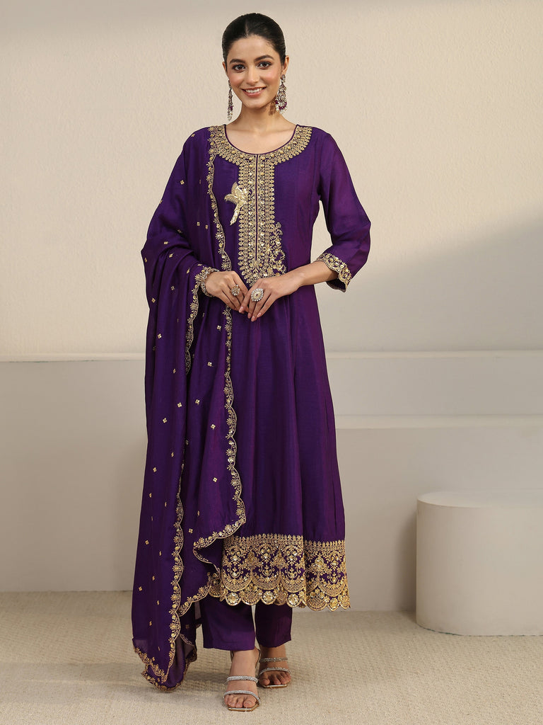 Libas Deep Violet Yoke Embroidered Silk Blend Anarkali Suit Set