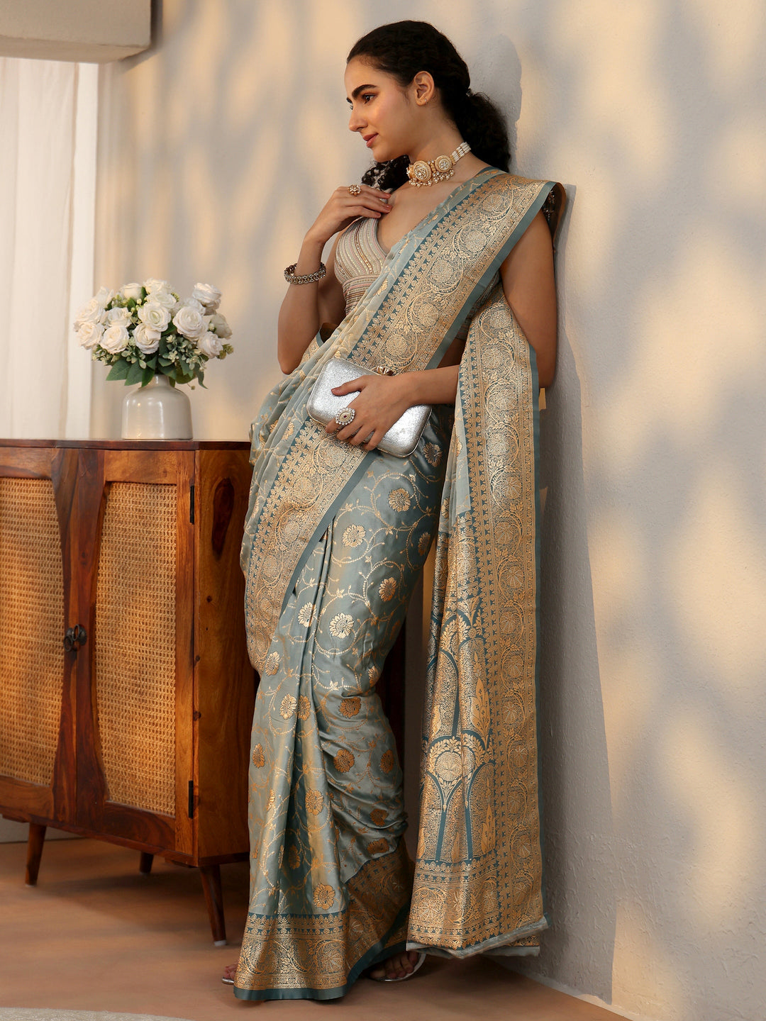  Libas Dusty Blue Banarasi Satin Saree 