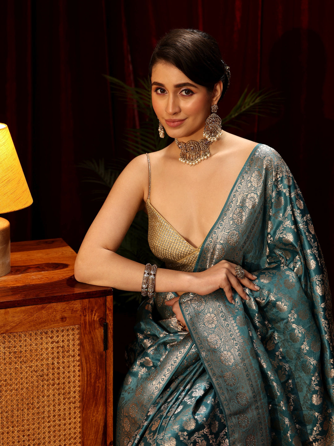 Libas Dusty Blue Embellished Floral Designs Brocade Saree