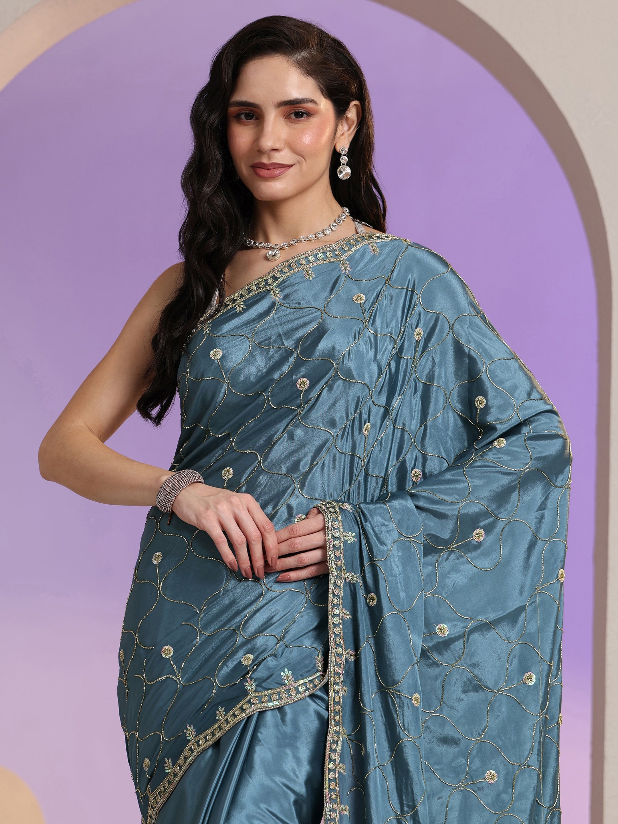 Libas Dusty Blue Embellished Silk Blend Saree-picture-20