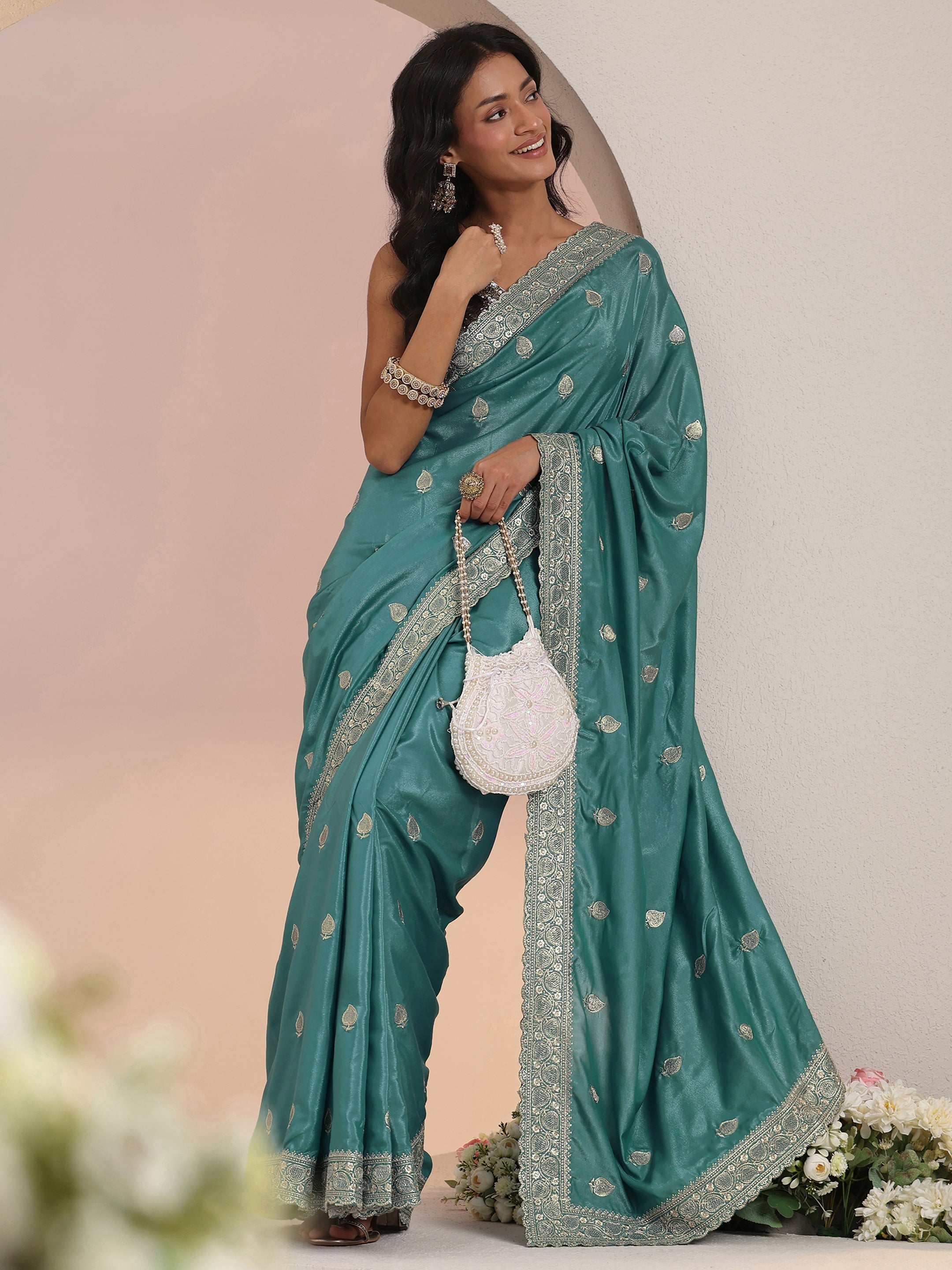 Libas Dusty Blue Embroidered Silk Blend Saree-picture-34