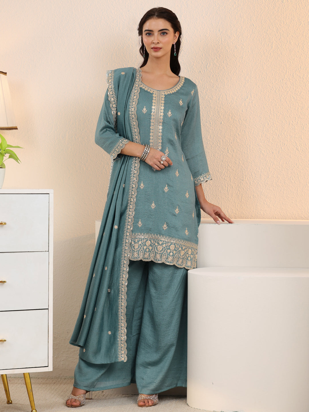 Libas Dusty Blue Floral Embroidered Silk Blend Palazzo Suit Set
