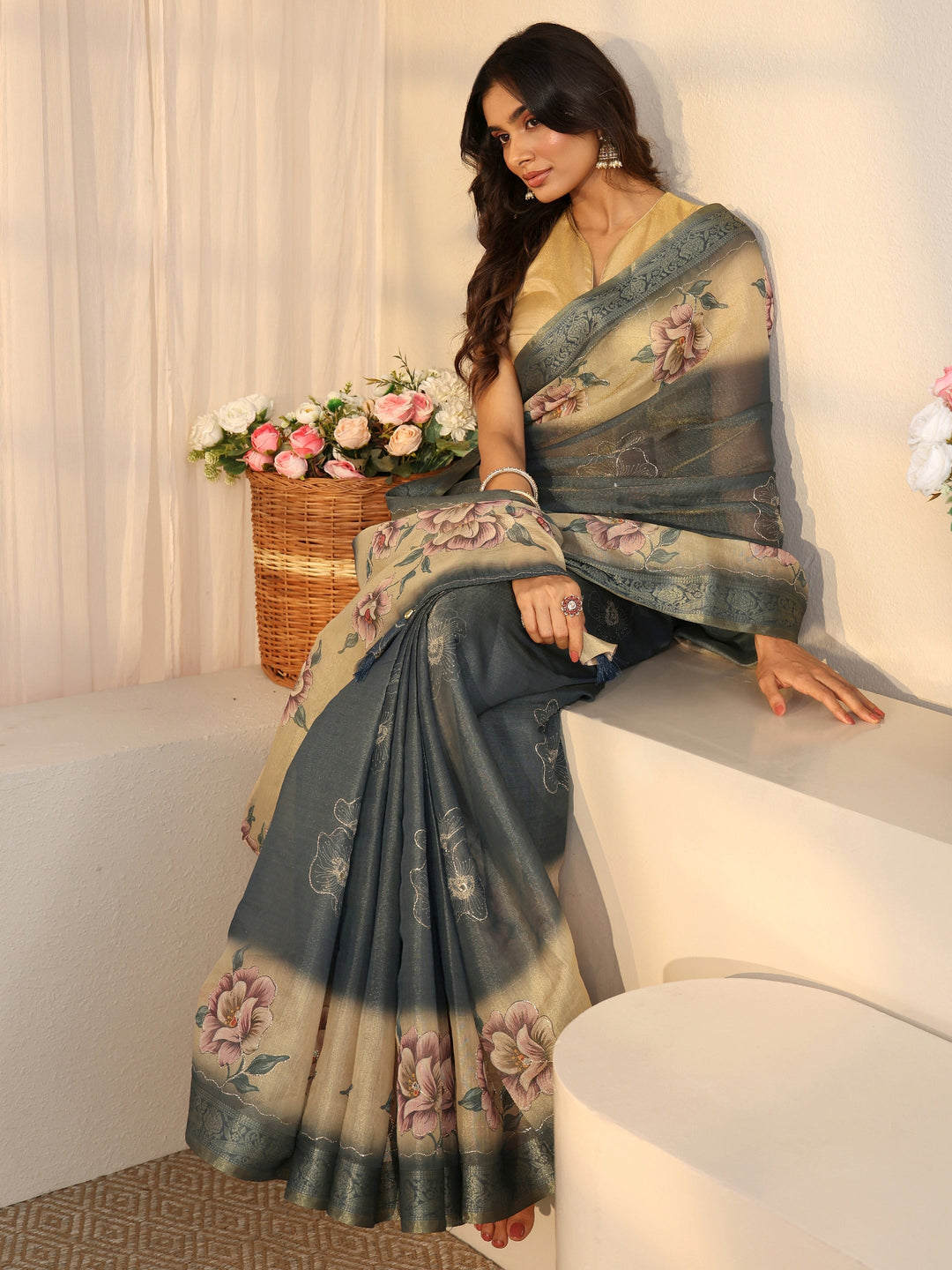  Libas Dusty Blue Floral Printed Silk Blend Ombre Saree with Woven Border 