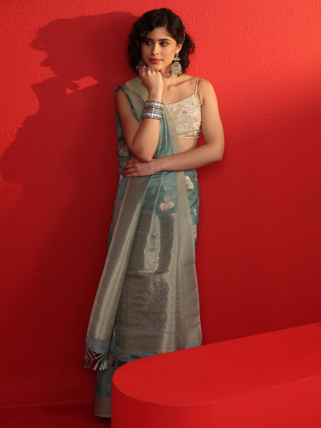  Libas Dusty Blue Floral Woven Design Silk Blend Tassel Saree 