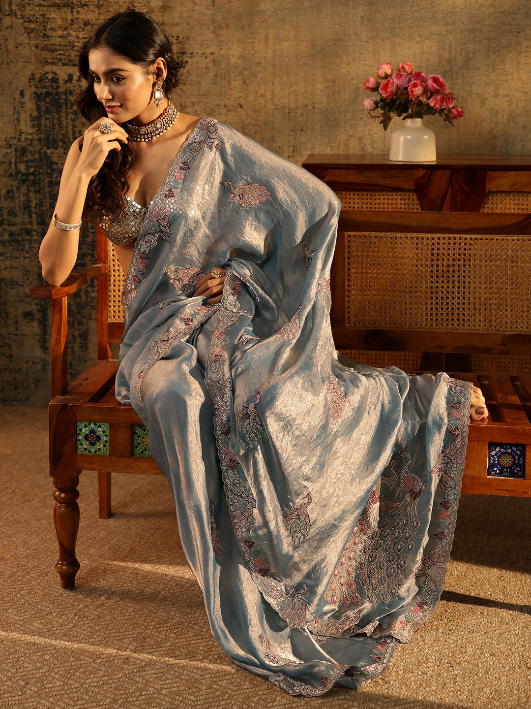  Libas Dusty Blue Peacock Embellished Tissue Saree 