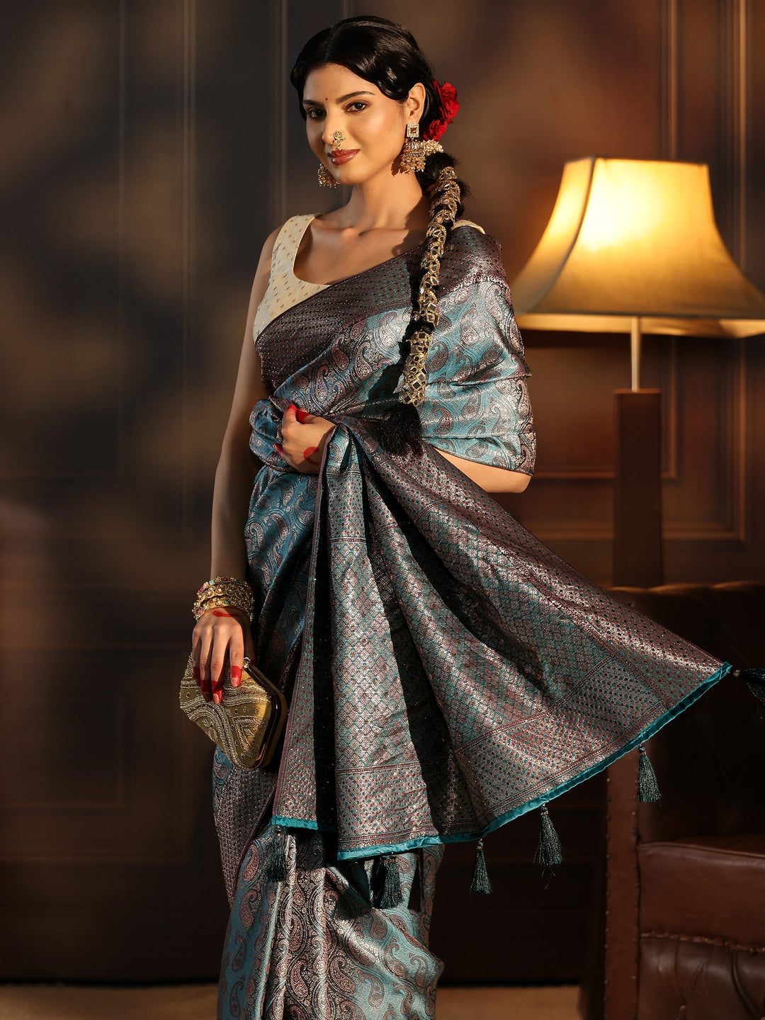 Libas Dusty Blue Woven Design Silk Blend Saree with Stone Work