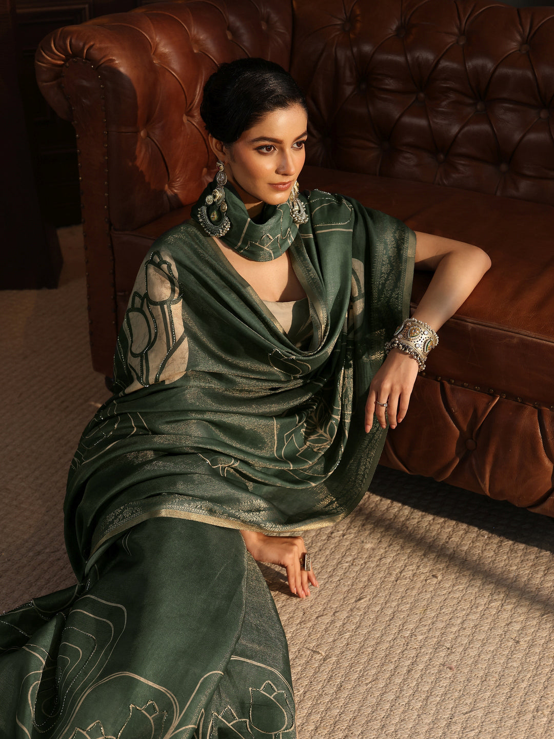 Libas Dusty Green Floral Printed Embellished Silk Blend Saree