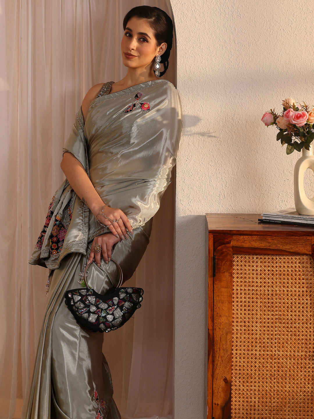  Libas Dusty Green Satin Saree with Applique Design 