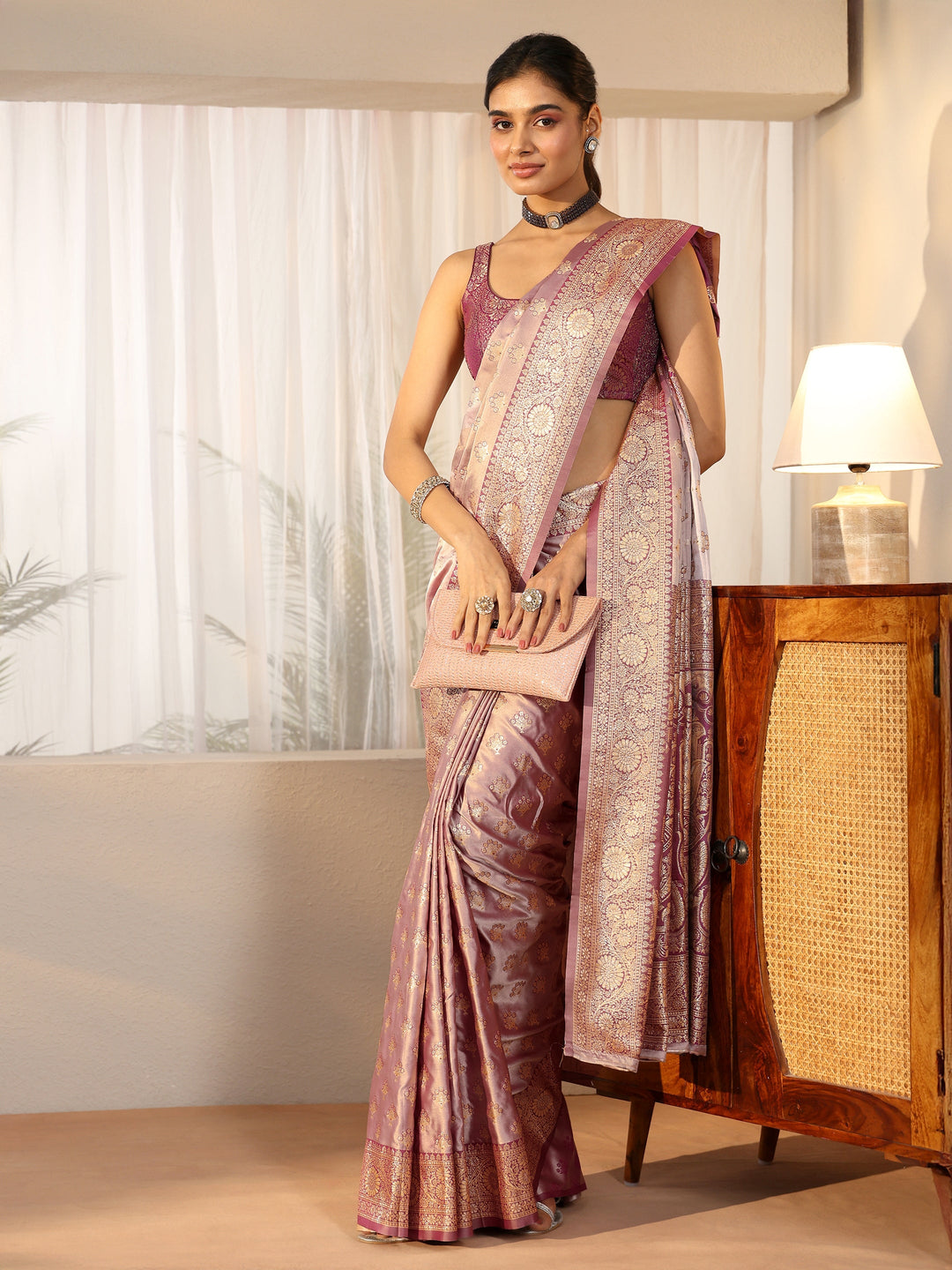  Libas Dusty Lilac Banarasi Satin Saree 