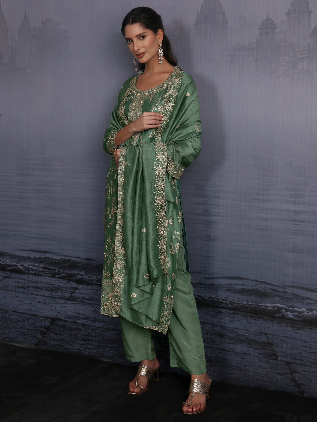 Libas Dusty Mint Green Floral Embroidered Silk Blend Straight Suit Set