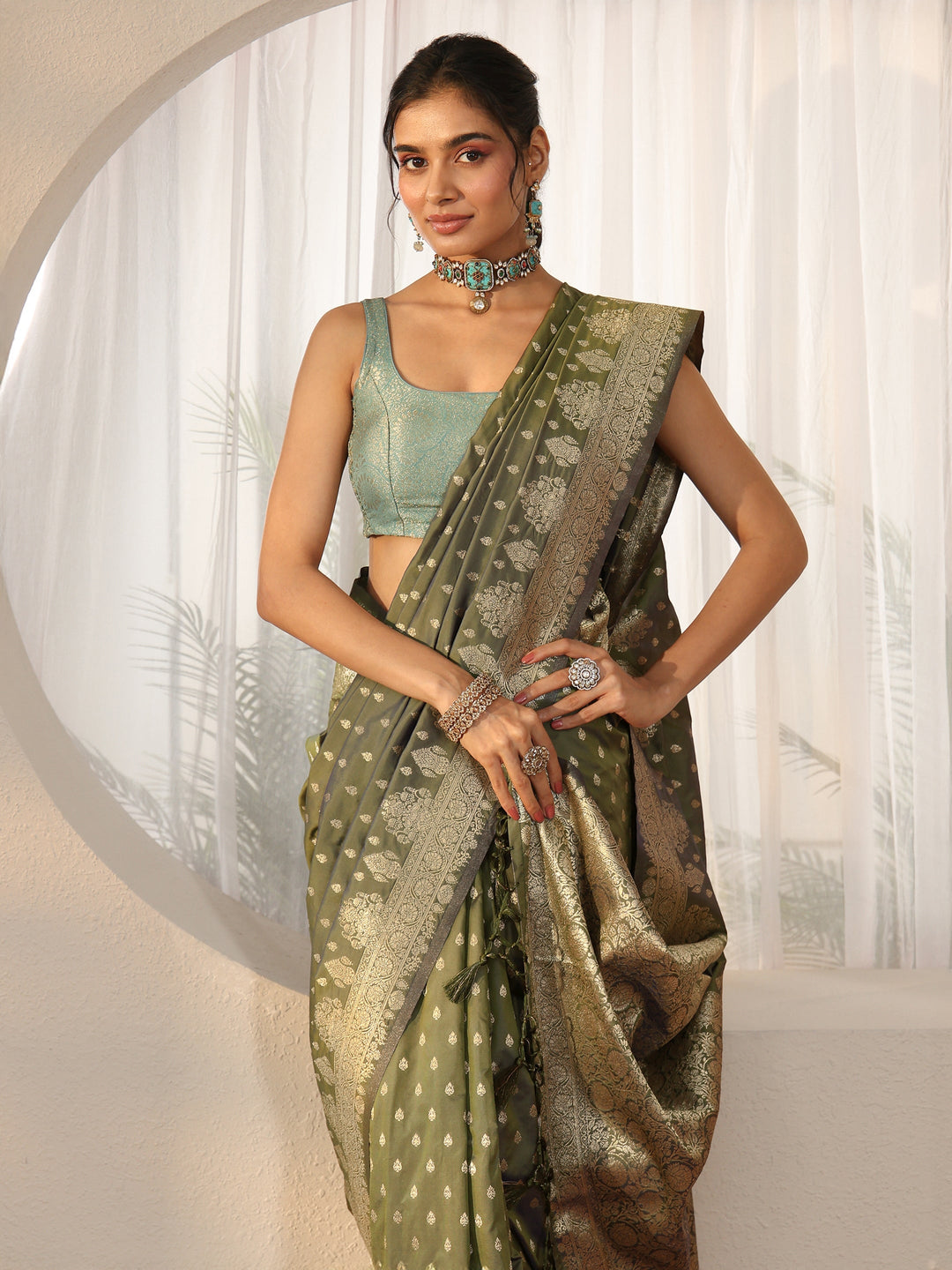  Libas Dusty Olive Green Banarasi Silk Blend Saree 