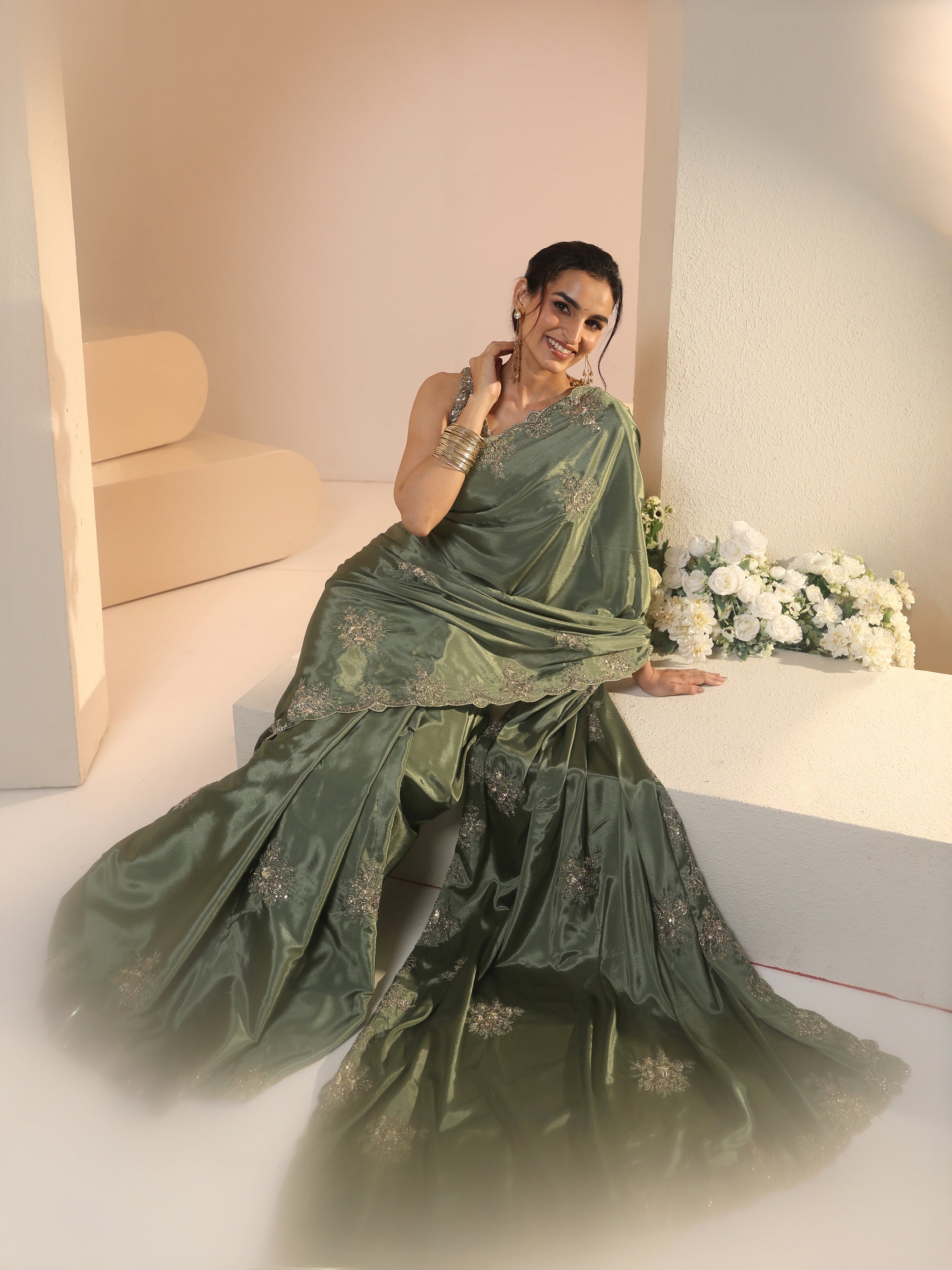 Libas Dusty Olive Green Floral Embroidered Silk Blend Saree-picture-26