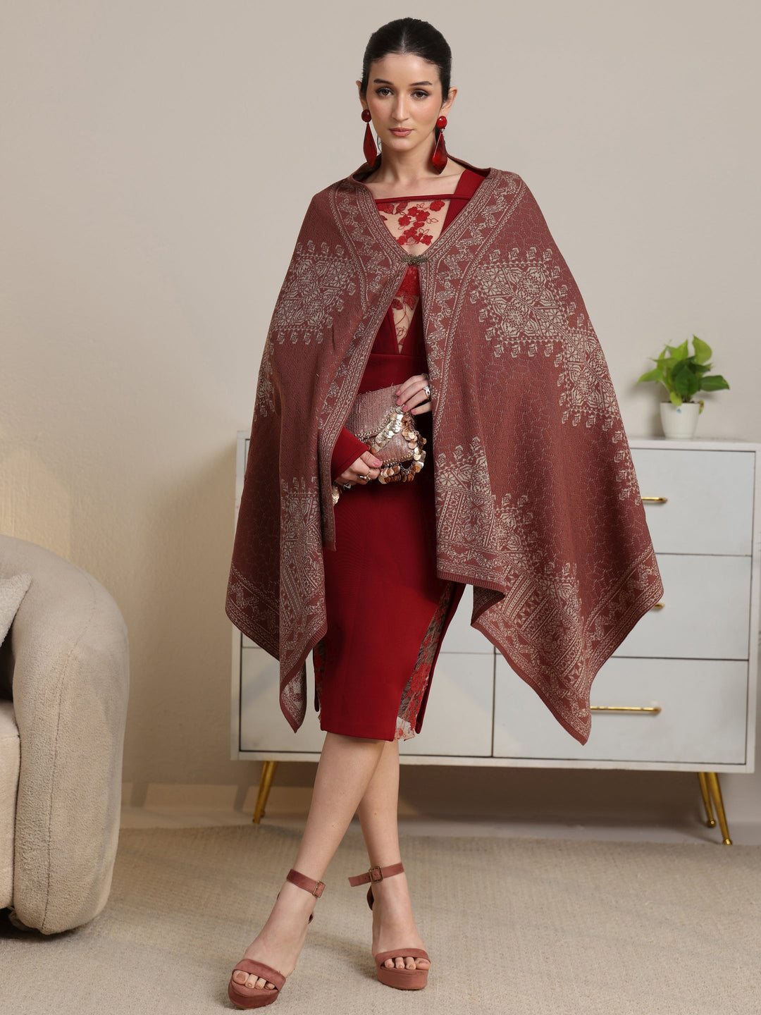  Libas Dusty Pink Ethnic Knitted Acrylic Wrap Shawl 