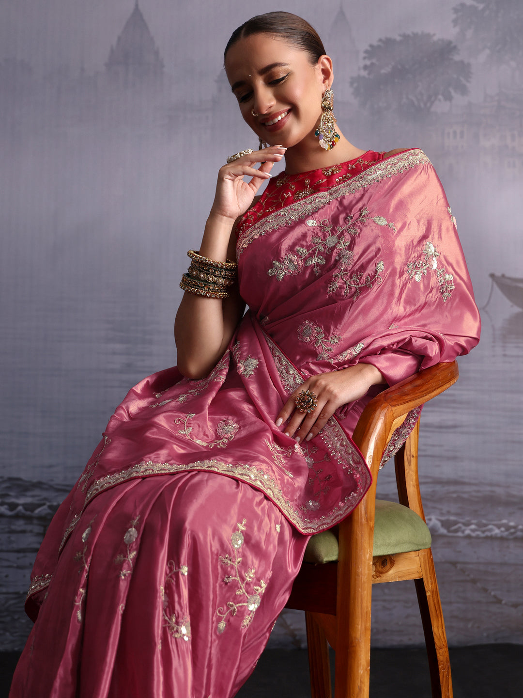  Libas Dusty Pink Floral Embroidered Satin Saree with Sequin Embellishments 