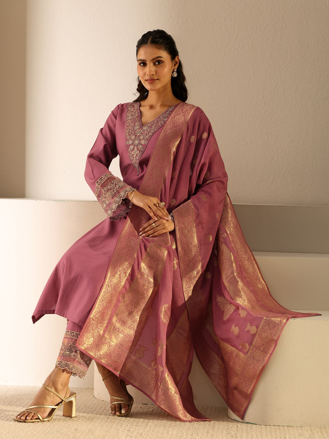 Libas Dusty Pink Floral Yoke Silk Blend Straight Suit Set