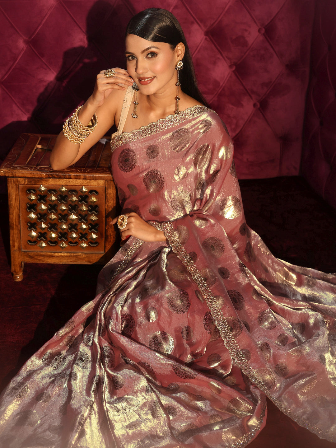  Libas Dusty Pink Foil Printed Tissue Saree with Embellished Border 