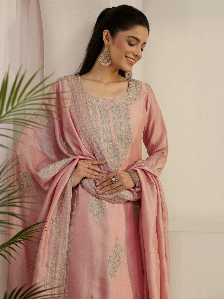 Libas Dusty Pink Paisley Embellished Silk Blend Straight Suit Set