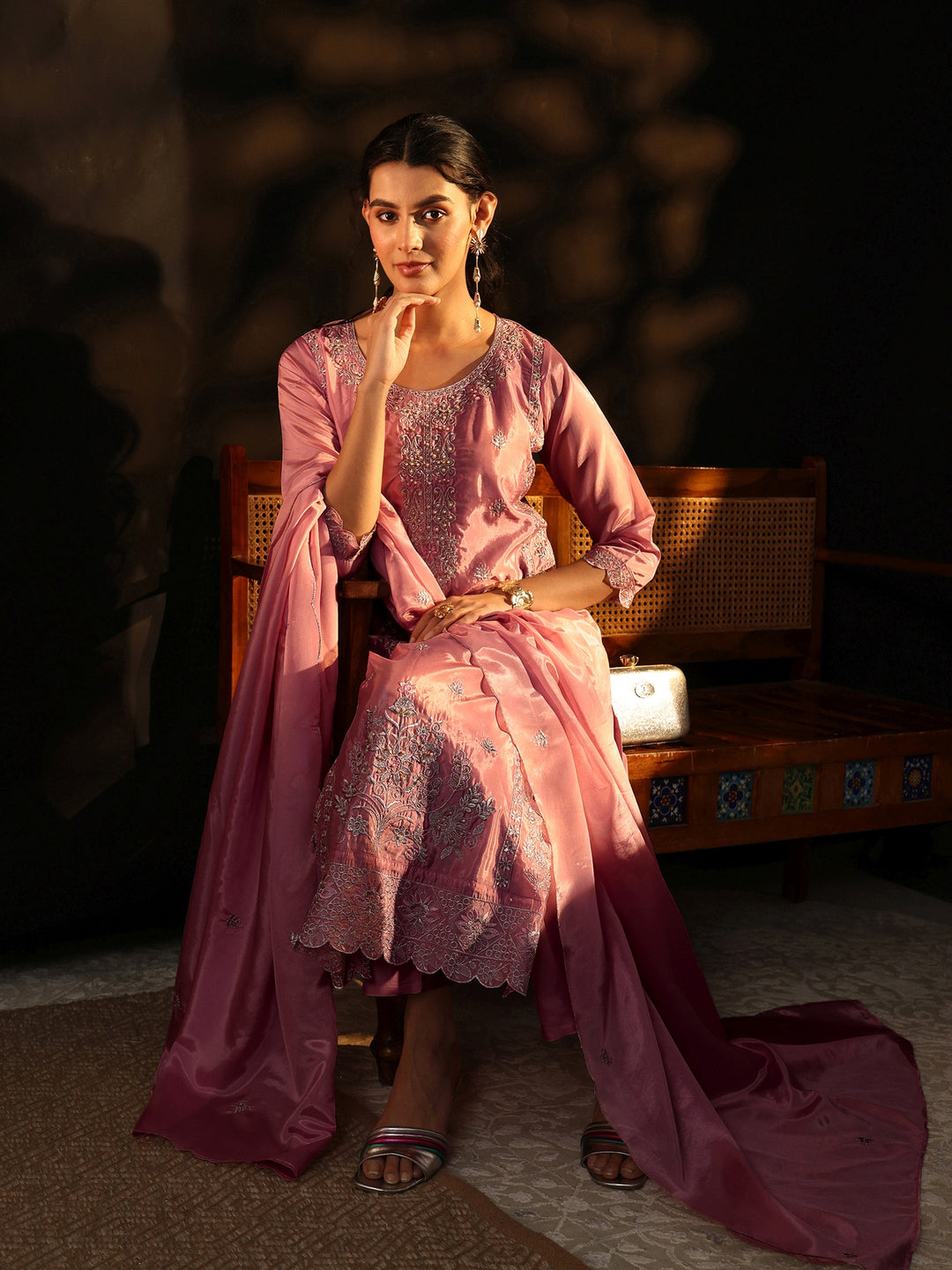  Libas Dusty Rose Floral Embroidered Organza Straight Suit Set 