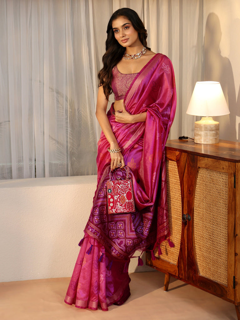 Libas Dusty Rose Pink Bandhani Silk Blend Saree