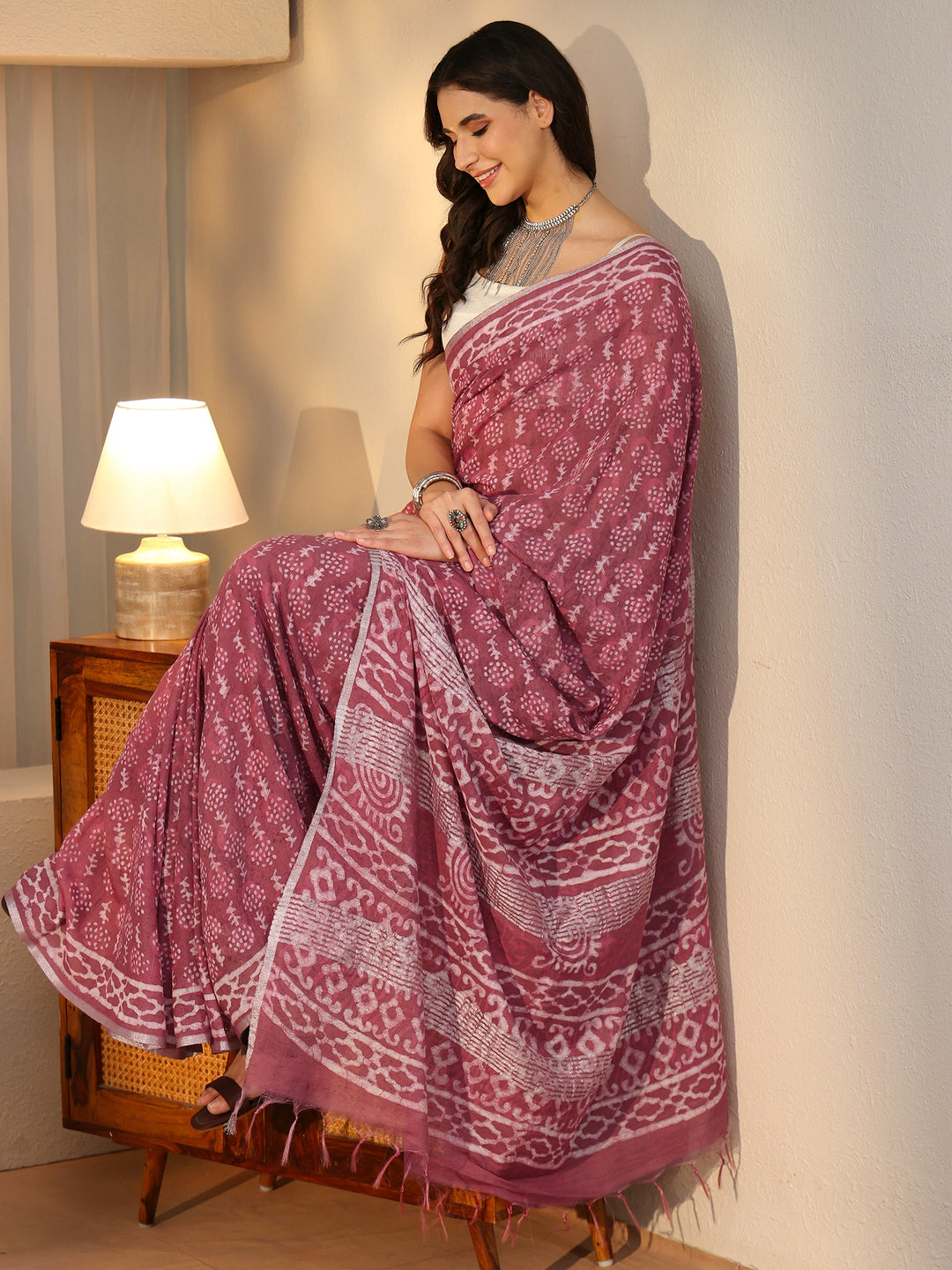  Libas Dusty Rose Pink Dabu Print Cotton Saree 