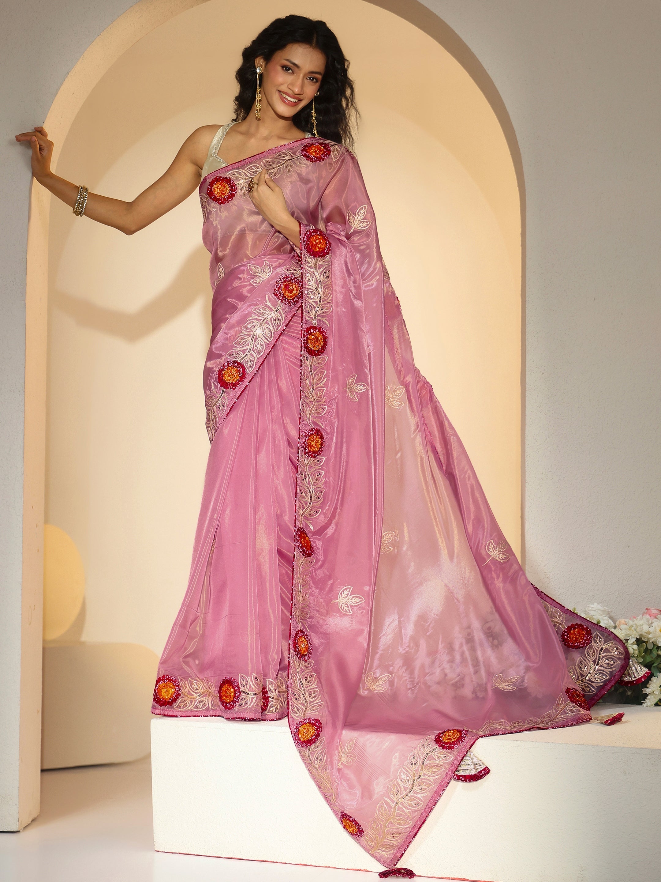 Libas Dusty Rose Pink Floral Embellished Tissue Saree-picture-60