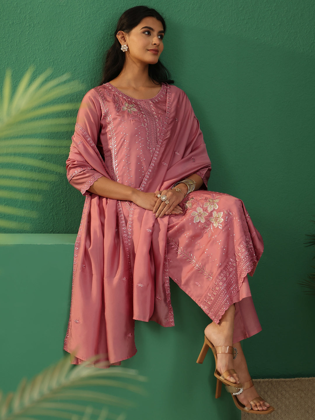  Libas Dusty Rose Pink Floral Embroidered Organza Straight Suit Set 