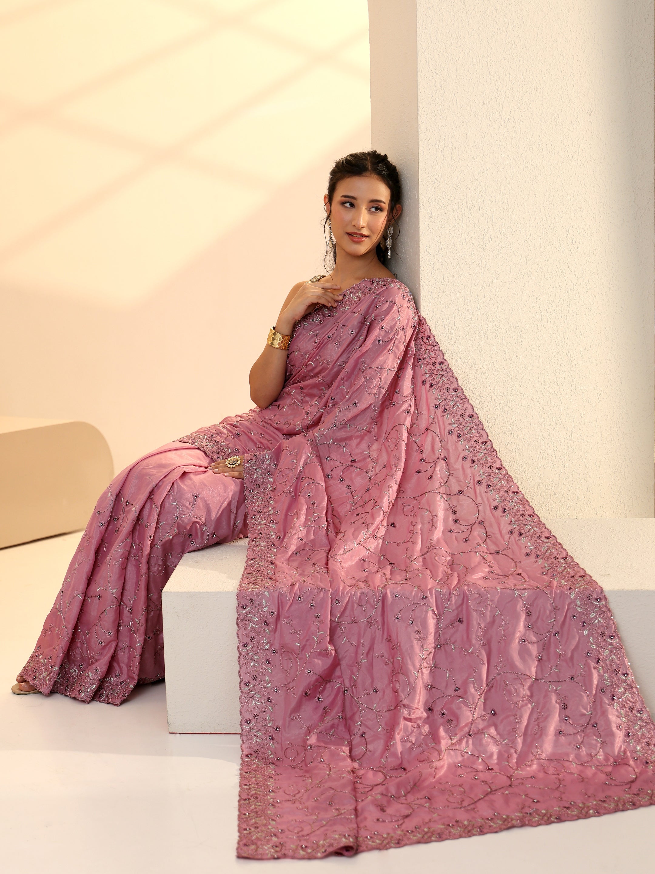 Libas Dusty Rose Pink Floral Embroidered Satin Saree-picture-64