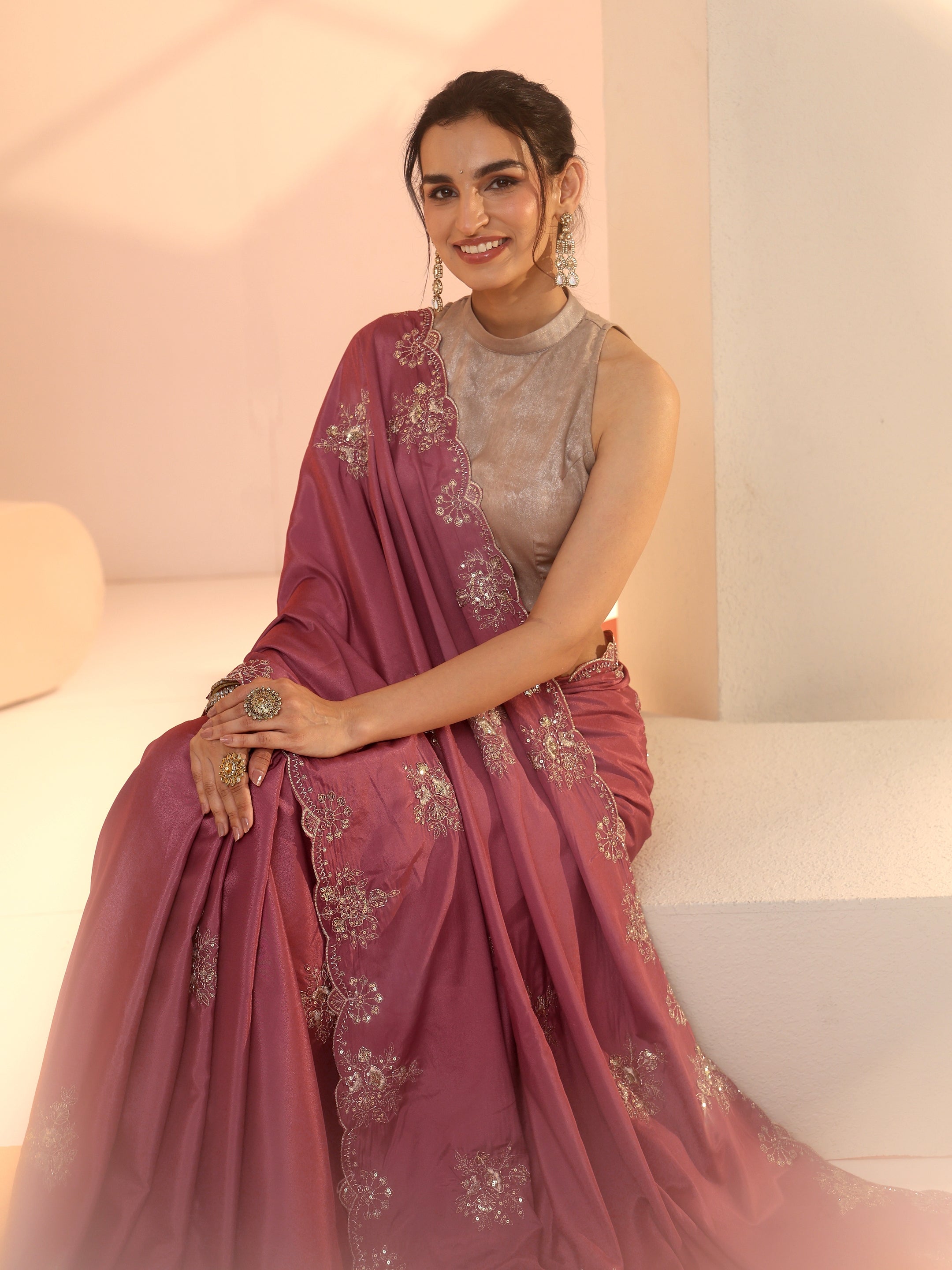 Libas Dusty Rose Pink Floral Embroidered Silk Blend Saree-picture-13