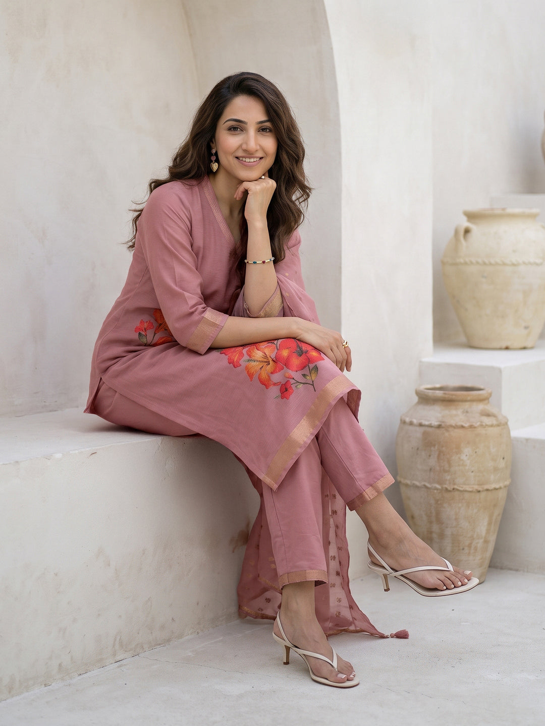 Libas Dusty Rose Pink Floral Printed Silk Blend Straight Suit Set