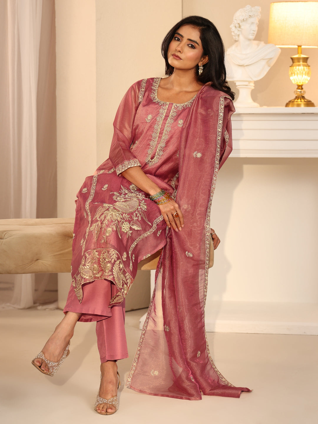  Libas Dusty Rose Pink Paisley Embroidered Tissue Straight Suit Set 