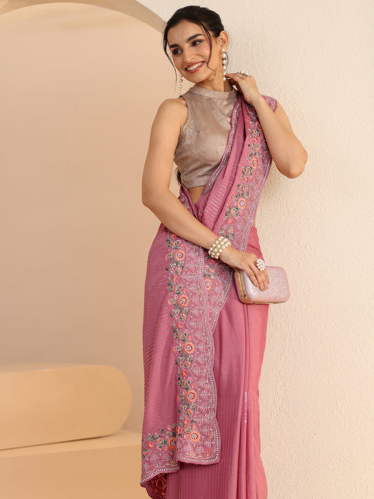 Libas Dusty Rose Pink Sequin Embellished Chiffon Saree with Floral Border