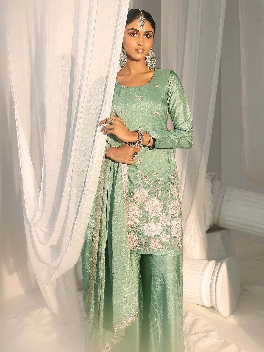  Libas Dusty Sea Green Floral Embellished Silk Blend Palazzo Suit Set 