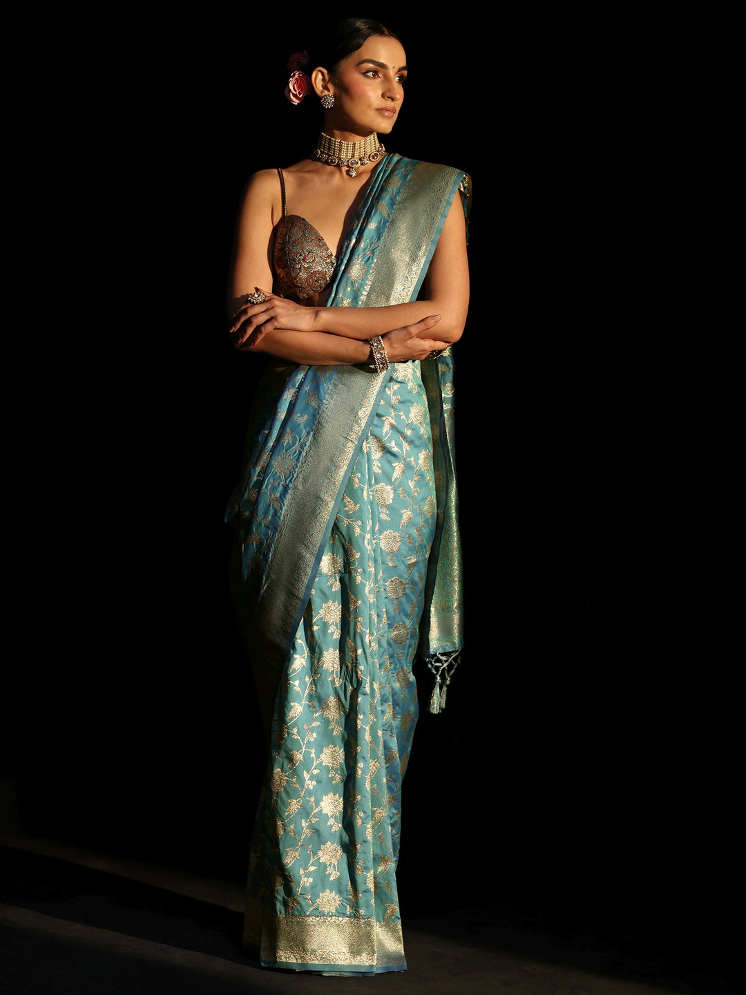  Libas Dusty Sky Blue Banarasi Silk Blend Saree 