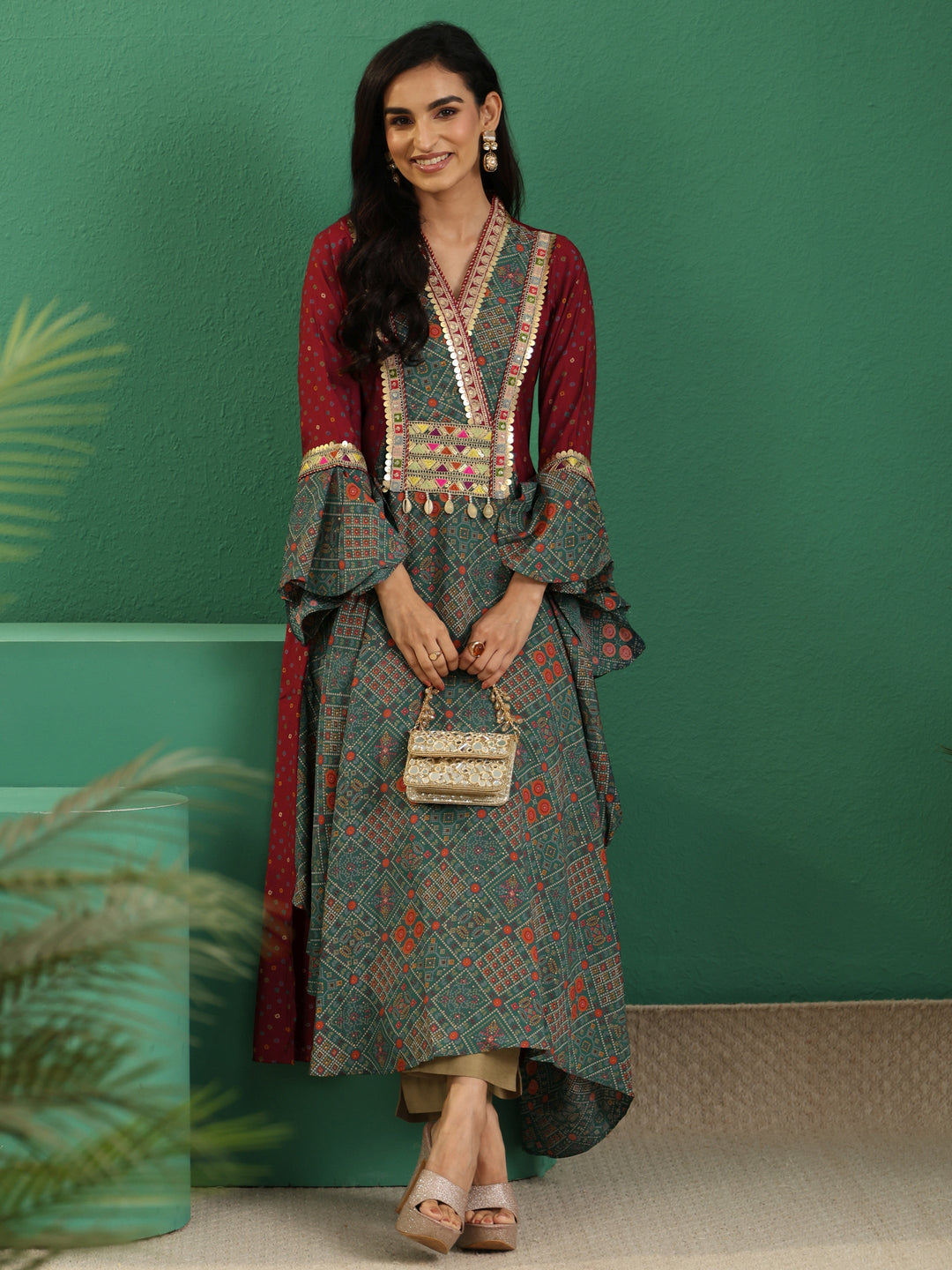  Libas Dusty Teal Blue Bandhani Silk Blend Cowl Style Kurta 