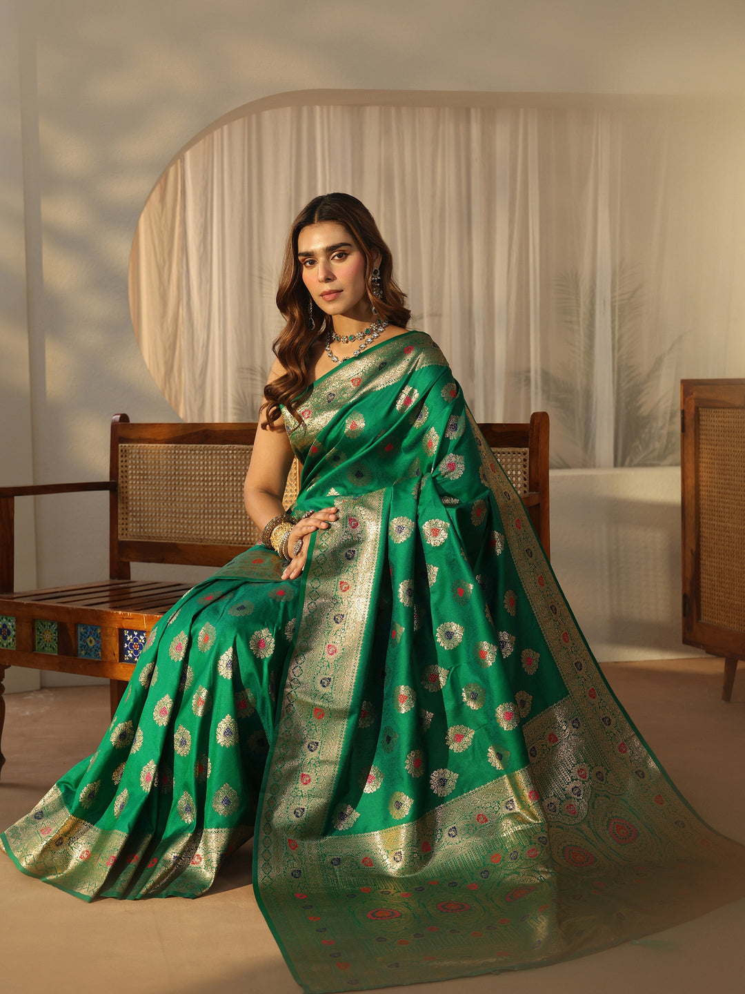  Libas Emerald Green Banarasi Silk Blend Saree 