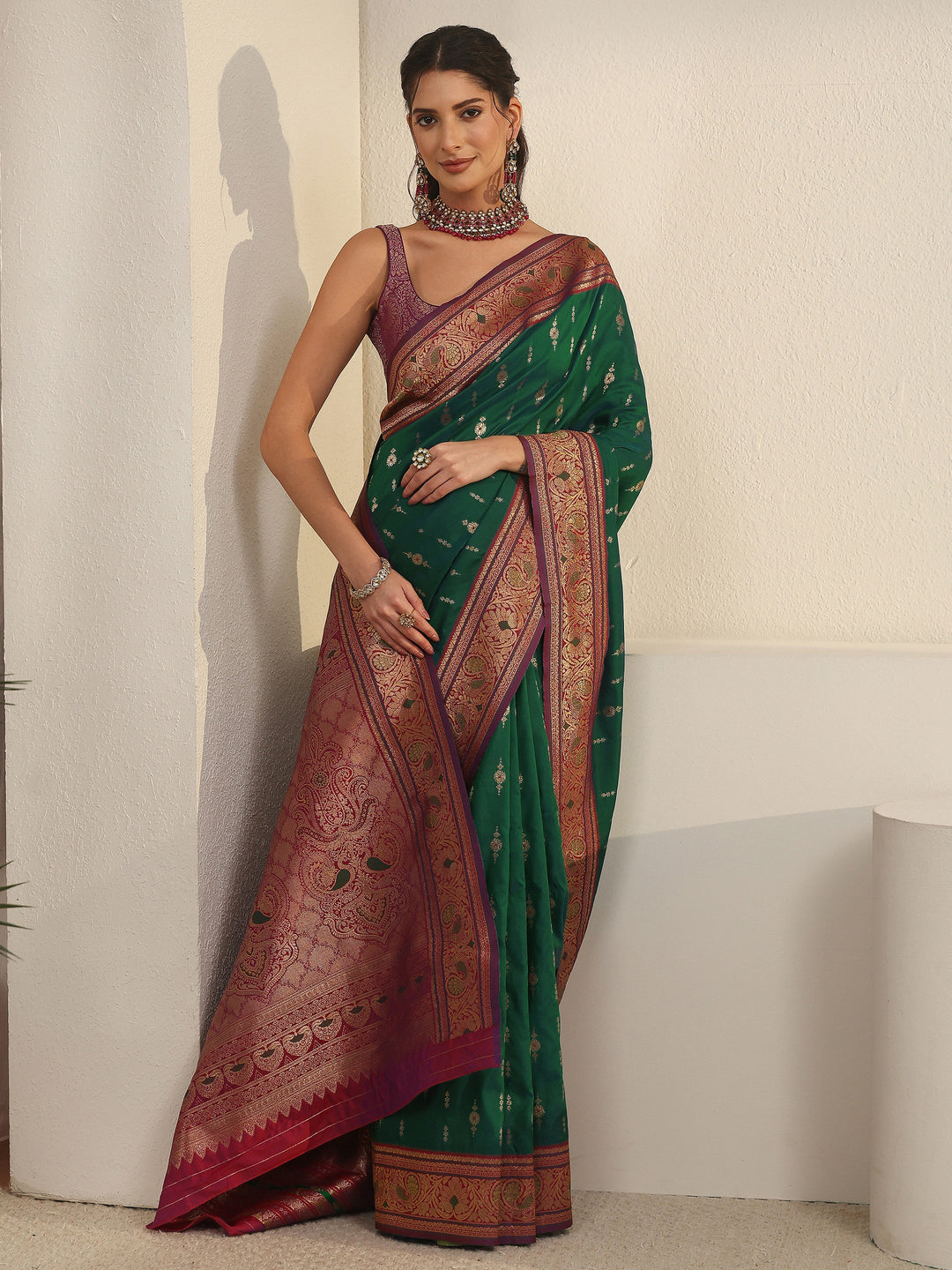  Libas Emerald Green Banarasi Silk Blend Saree 