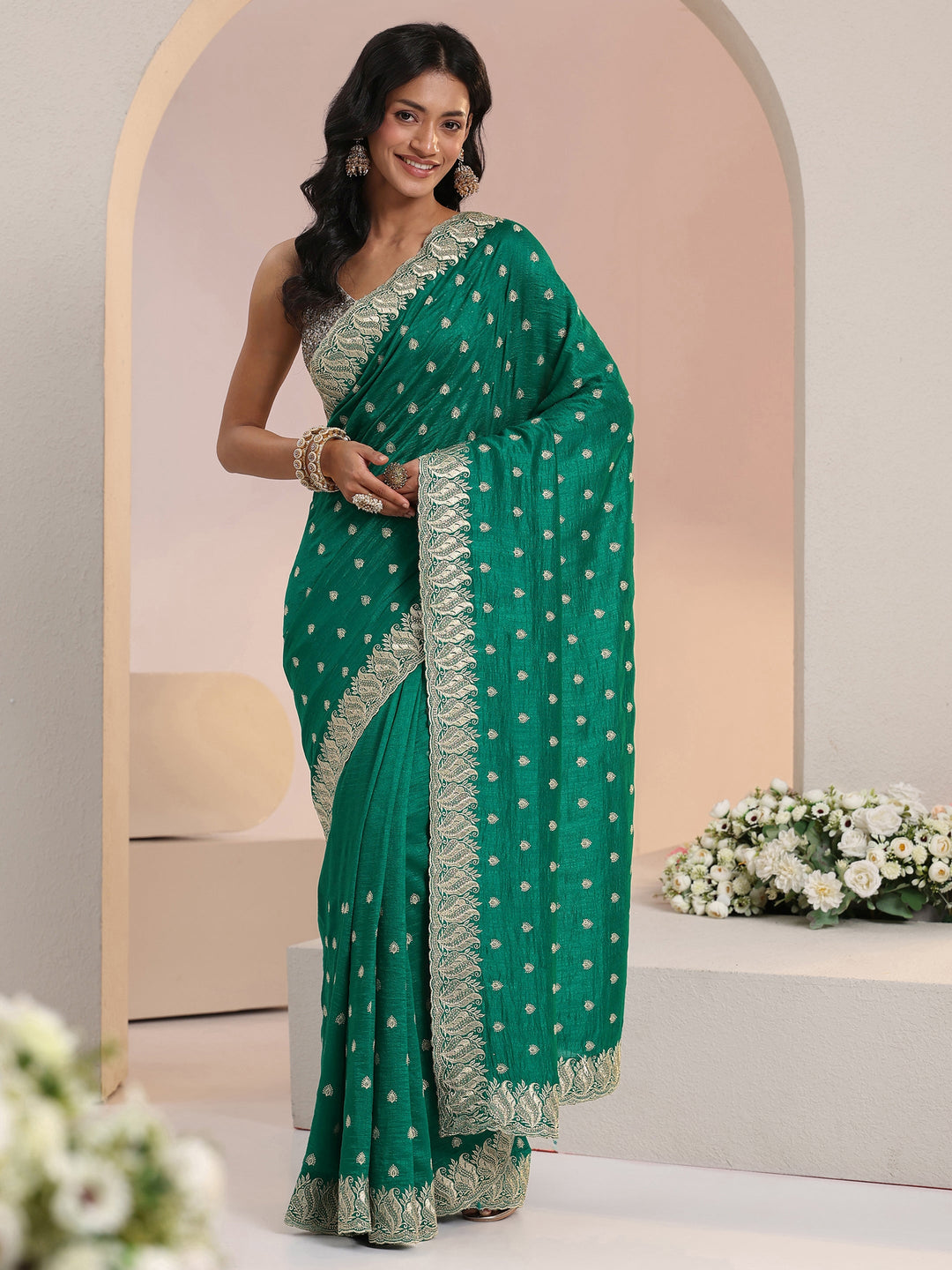 Libas Emerald Green Embroidered Silk Blend Saree 