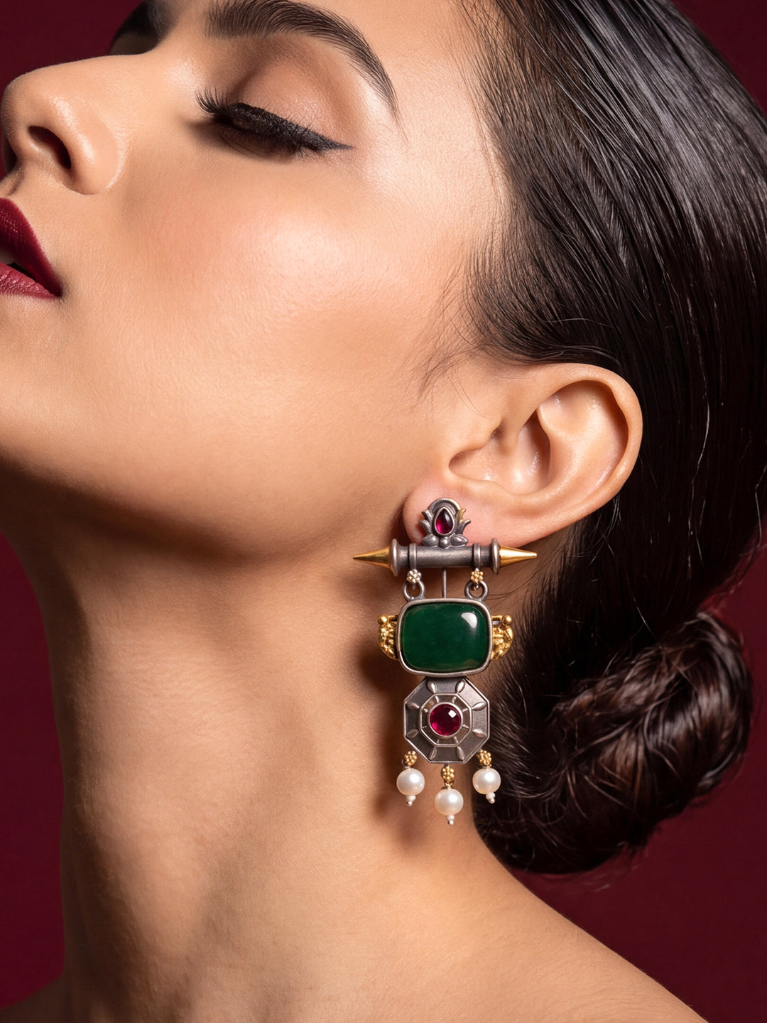  Libas Emerald Stone Vintage Brass Earrings with Pearl Drops 