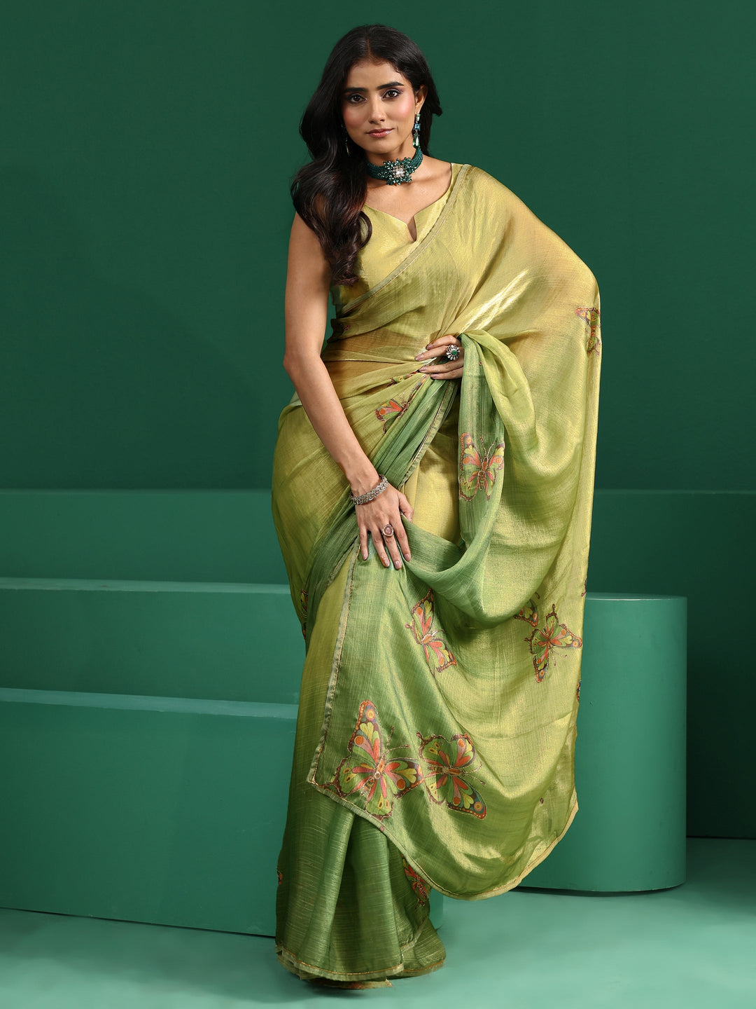  Libas Fern Green Butterfly Print Chiffon Saree 
