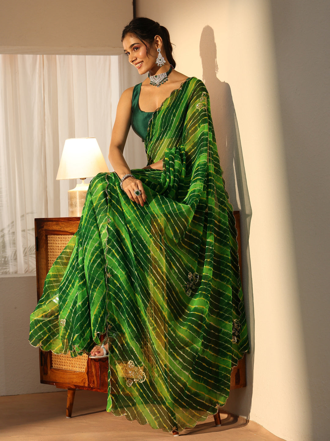  Libas Fern Green Leheriya Printed Chiffon Saree 