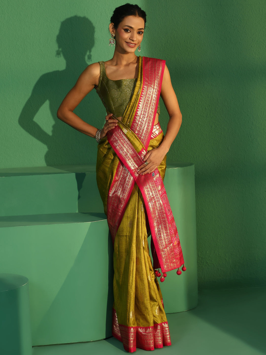  Libas Fern Green Printed Silk Blend Saree 